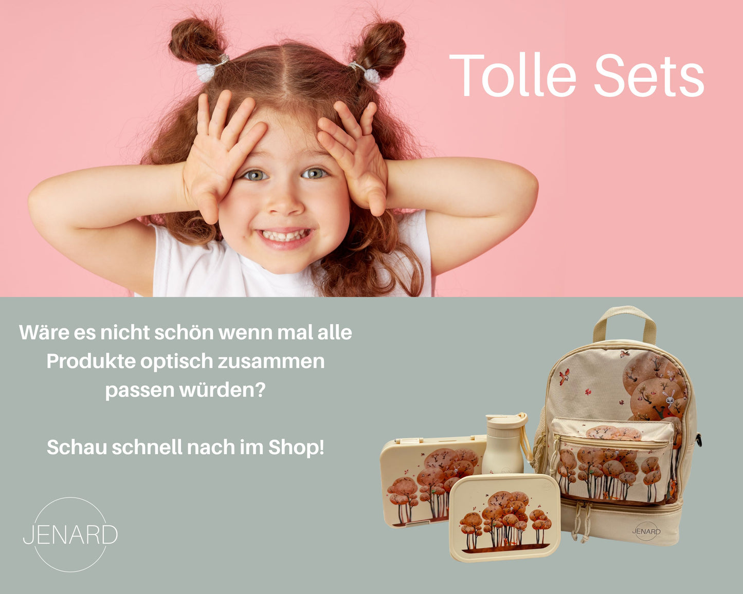 JENARD Brotdose & Trinkflasche Set für Kinder – Creme | Tiere im Wald