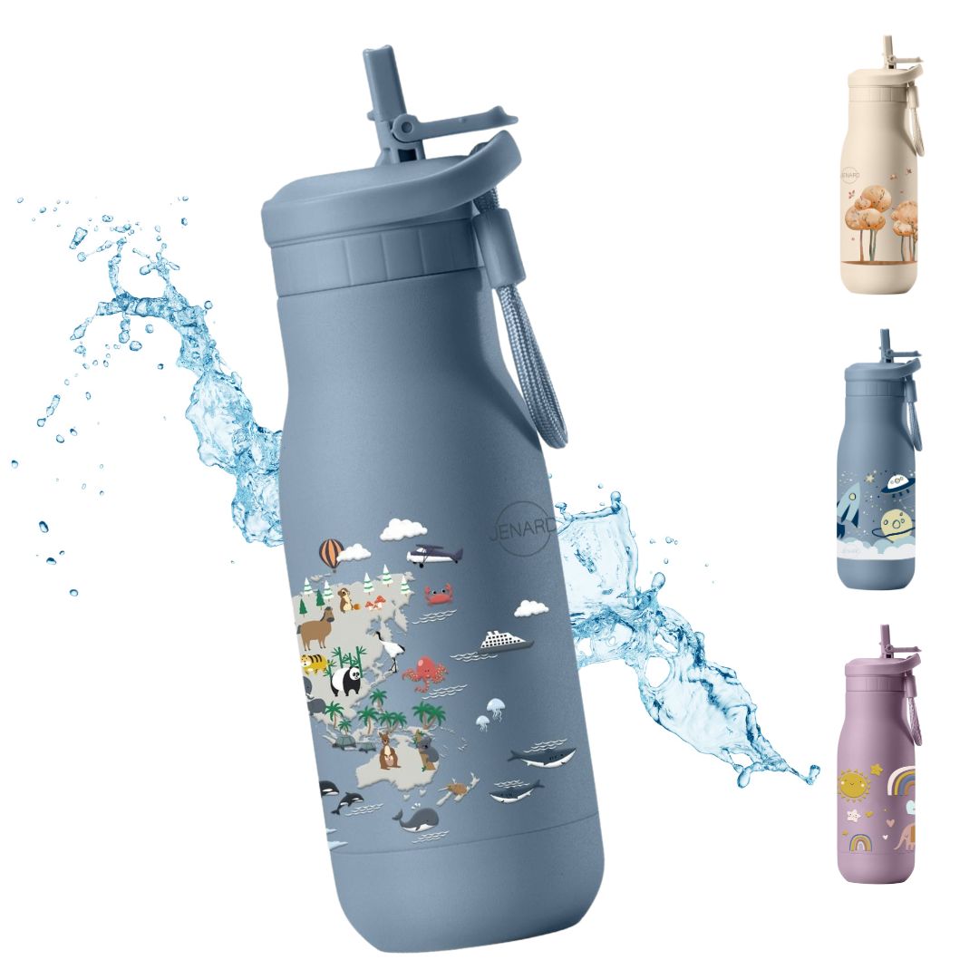 JENARD® Trinkflasche Kinder Edelstahl – auslaufsicher, doppelwandig, BPA-frei, Thermosflasche für Schule & Kindergarten. Blau / Weltkarte mit Tiere