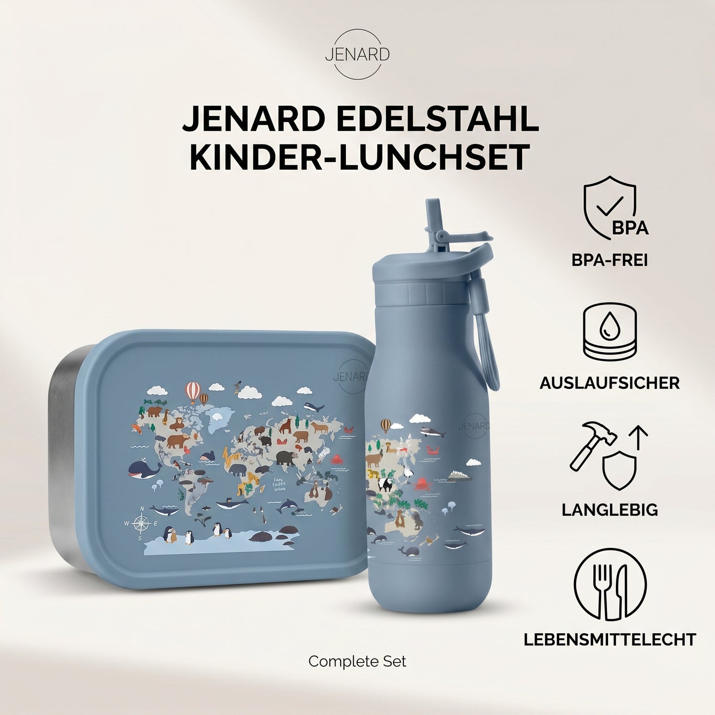 Brotdose & Trinkflasche Set für Kinder – Edelstahl – Weltkarte mit Tiere / Blau