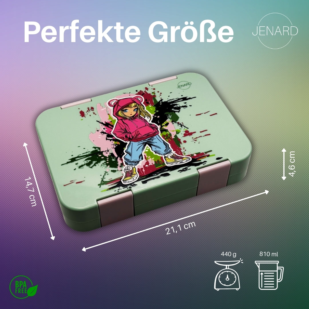 Jenard Brotdose für Kinder mit Fächern. Sehr robuste, flexible und praktische Lunchbox, ideal für die Schule. Coole Bentobox in Mintgrün / Girl