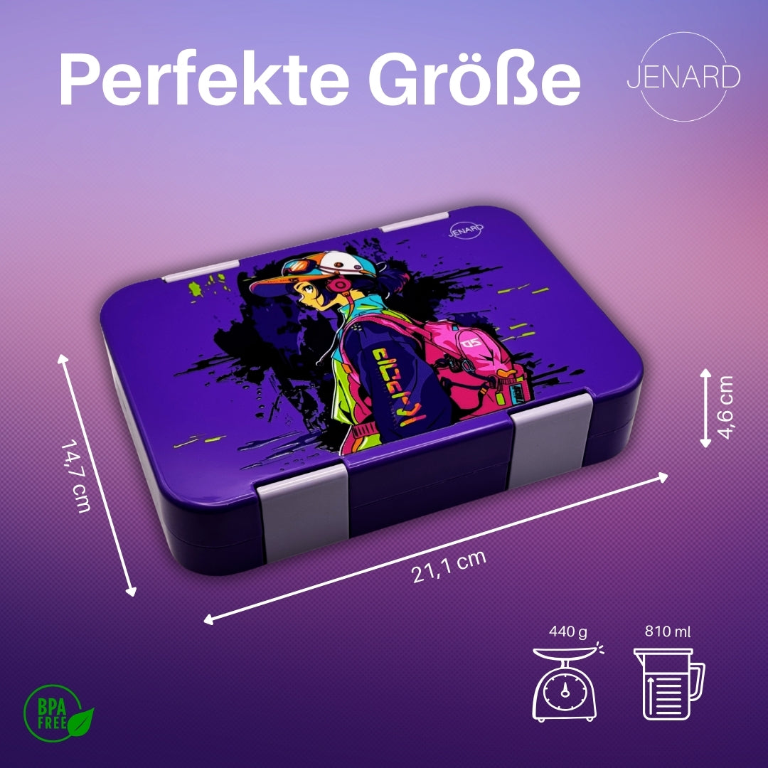 Jenard Brotdose für Kinder mit Fächern. Sehr robuste, flexible und praktische Lunchbox, ideal für die Schule. Coole Bentobox in Lila / Anime