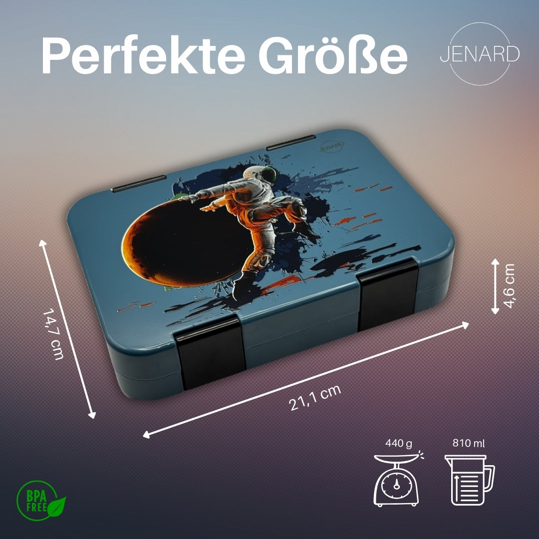 Jenard Brotdose für Kinder mit Fächern. Sehr robuste, flexible und praktische Lunchbox, ideal für die Schule. Coole Bentobox in Blau / Astronaut