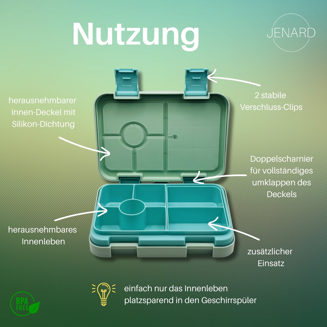 Jenard Brotdose für Kinder mit Fächern. Sehr robuste, flexible und praktische Lunchbox, ideal für die Schule. Coole Bentobox in Mintgrün / Fußballer