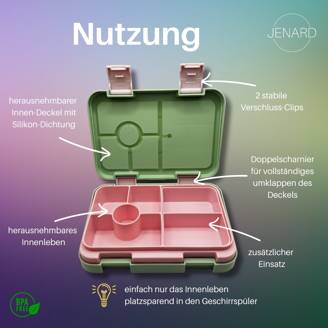 Jenard Brotdose für Kinder mit Fächern. Sehr robuste, flexible und praktische Lunchbox, ideal für die Schule. Coole Bentobox in Mintgrün / Girl