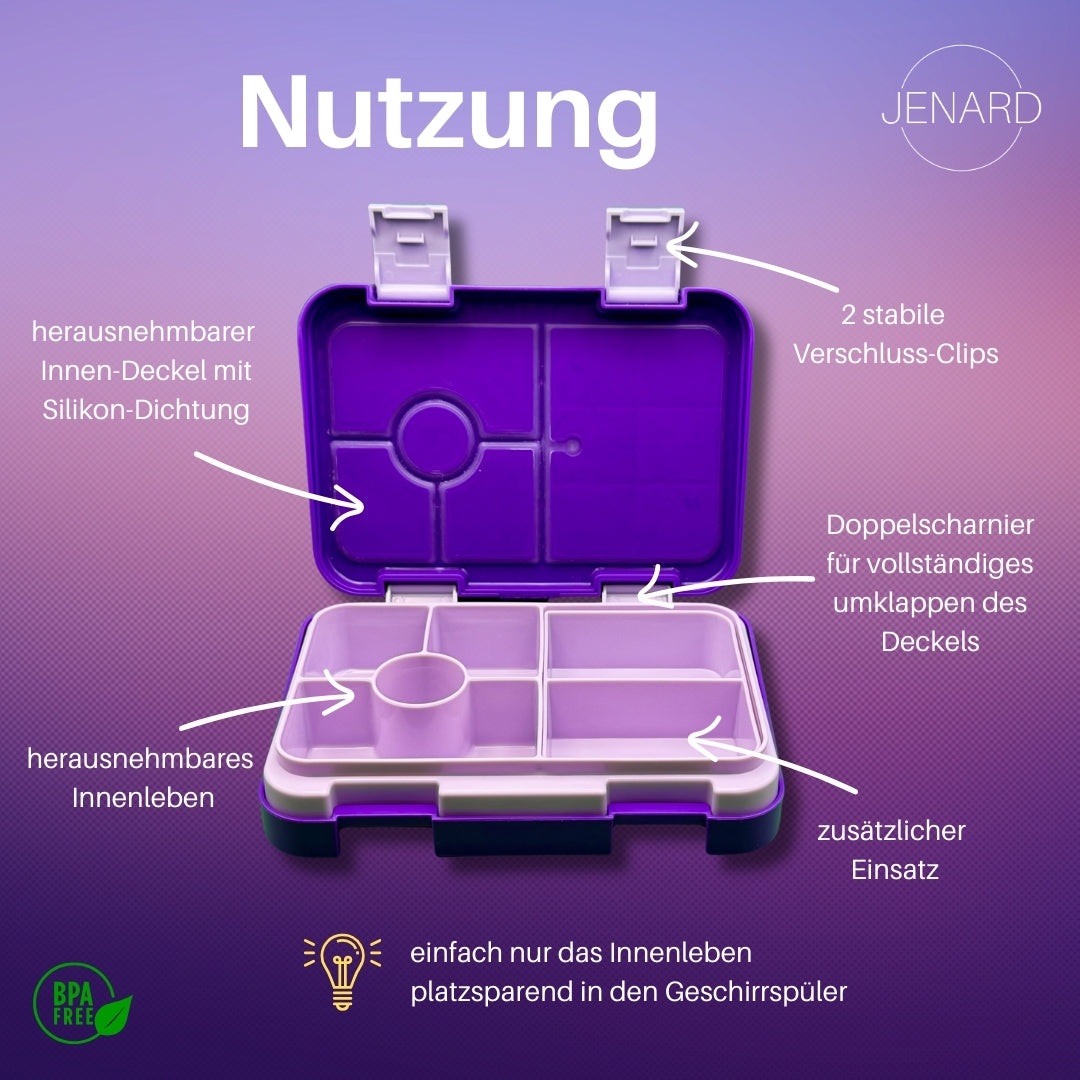 Jenard Brotdose für Kinder mit Fächern. Sehr robuste, flexible und praktische Lunchbox, ideal für die Schule. Coole Bentobox in Lila / Anime