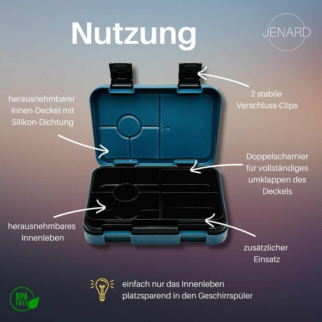 Jenard Brotdose für Kinder mit Fächern. Sehr robuste, flexible und praktische Lunchbox, ideal für die Schule. Coole Bentobox in Blau / Astronaut