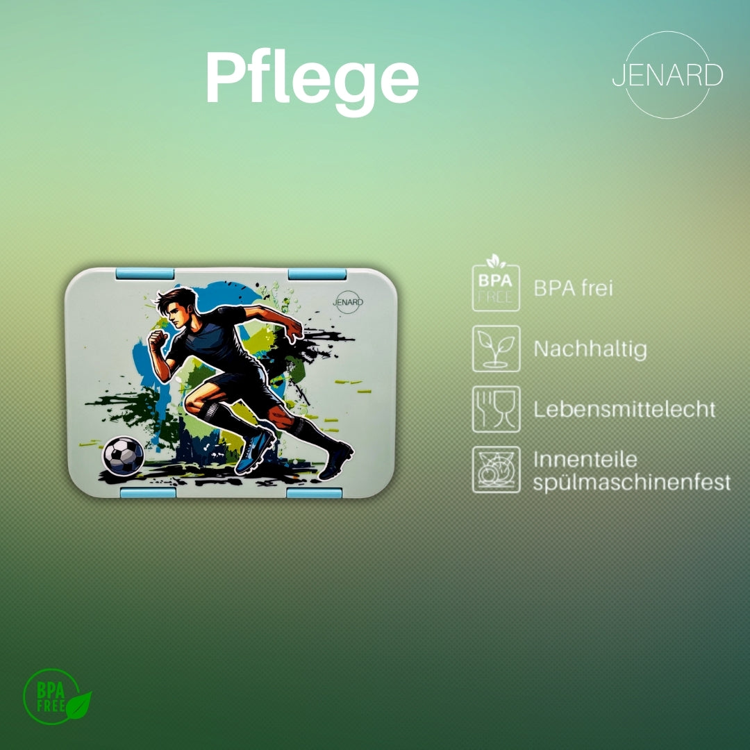 Jenard Brotdose für Kinder mit Fächern. Sehr robuste, flexible und praktische Lunchbox, ideal für die Schule. Coole Bentobox in Mintgrün / Fußballer