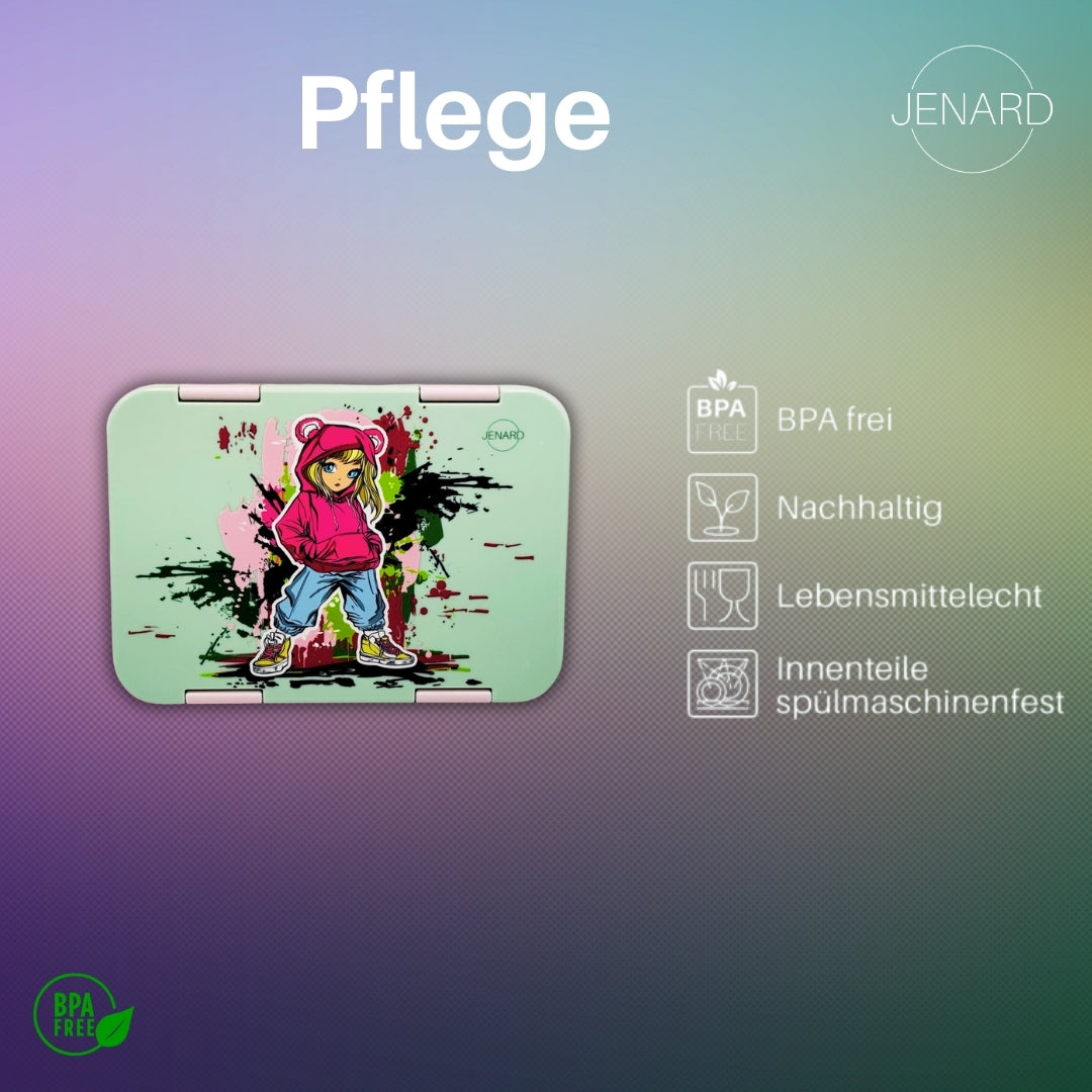 Jenard Brotdose für Kinder mit Fächern. Sehr robuste, flexible und praktische Lunchbox, ideal für die Schule. Coole Bentobox in Mintgrün / Girl