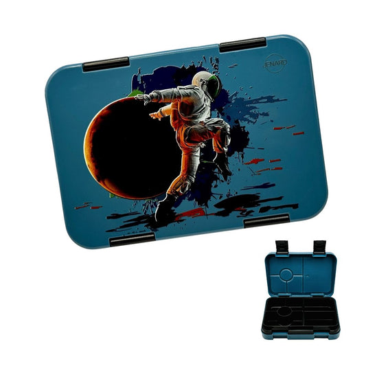 Jenard Brotdose für Kinder mit Fächern. Sehr robuste, flexible und praktische Lunchbox, ideal für die Schule. Coole Bentobox in Blau / Astronaut