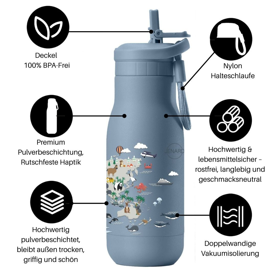 JENARD® Trinkflasche Kinder Edelstahl – auslaufsicher, doppelwandig, BPA-frei, Thermosflasche für Schule & Kindergarten. Blau / Weltkarte mit Tiere