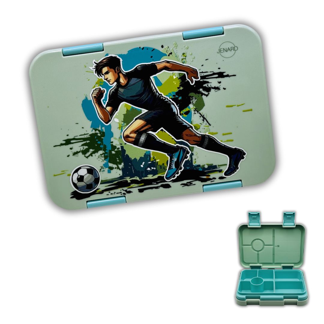 Jenard Brotdose für Kinder mit Fächern. Sehr robuste, flexible und praktische Lunchbox, ideal für die Schule. Coole Bentobox in Mintgrün / Fußballer