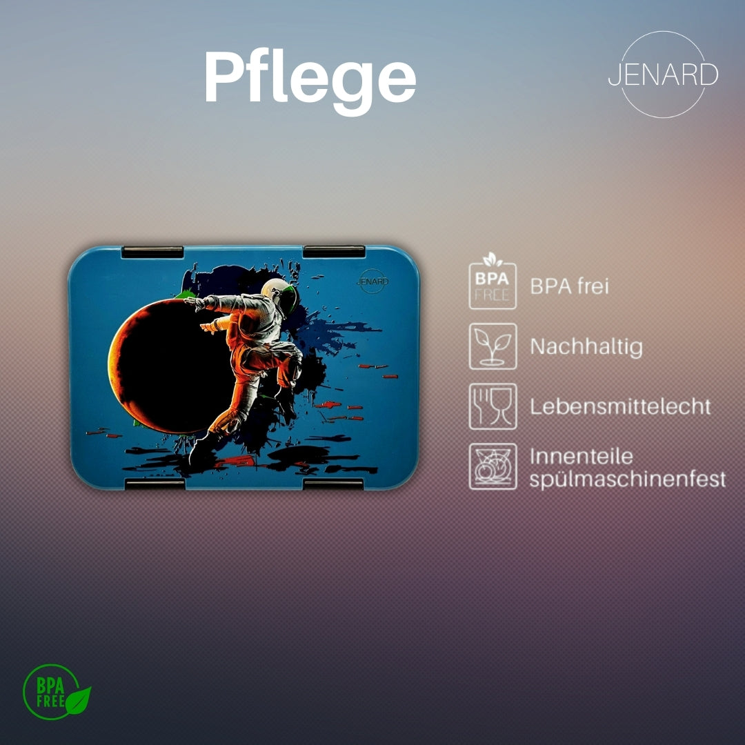 Jenard Brotdose für Kinder mit Fächern. Sehr robuste, flexible und praktische Lunchbox, ideal für die Schule. Coole Bentobox in Blau / Astronaut