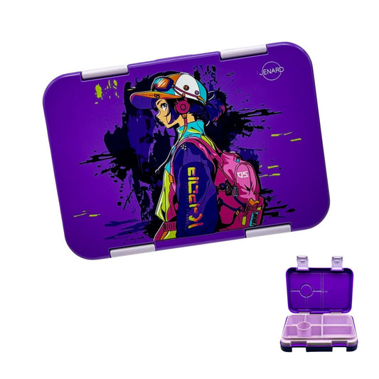 Jenard Brotdose für Kinder mit Fächern. Sehr robuste, flexible und praktische Lunchbox, ideal für die Schule. Coole Bentobox in Lila / Anime