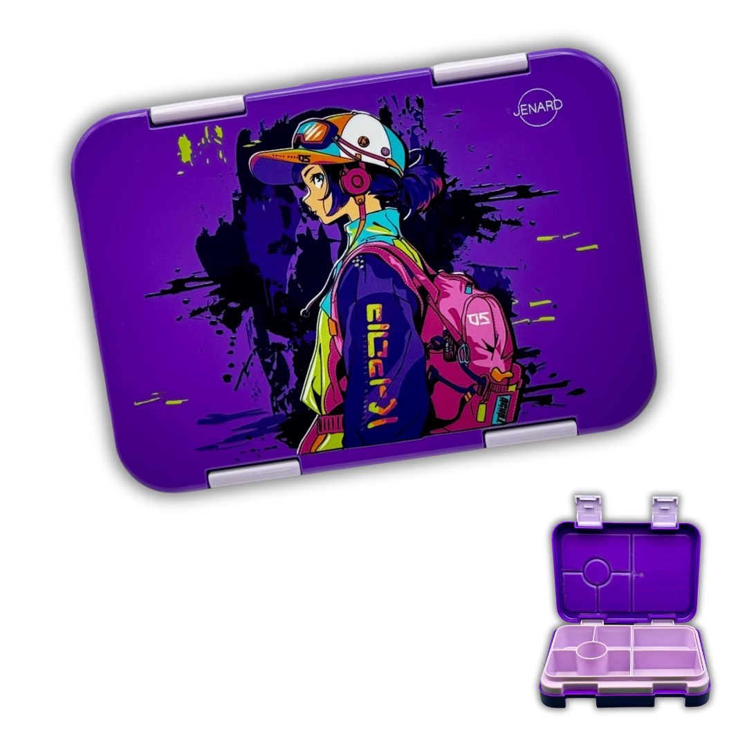 Jenard Brotdose für Kinder mit Fächern. Sehr robuste, flexible und praktische Lunchbox, ideal für die Schule. Coole Bentobox in Lila / Anime