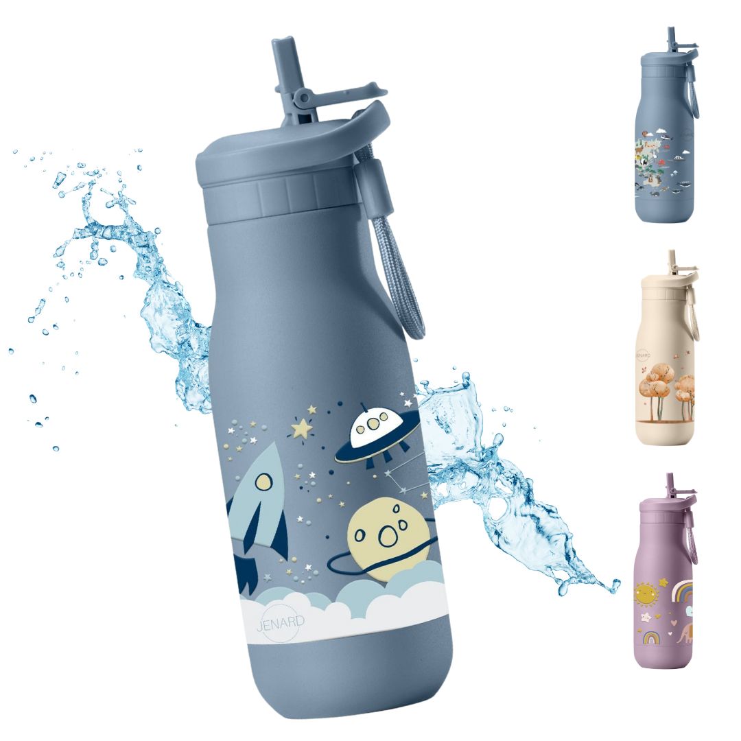 JENARD® Trinkflasche Kinder Edelstahl – auslaufsicher, doppelwandig, BPA-frei, Thermosflasche für Schule & Kindergarten. Blau / Weltkarte mit Tiere