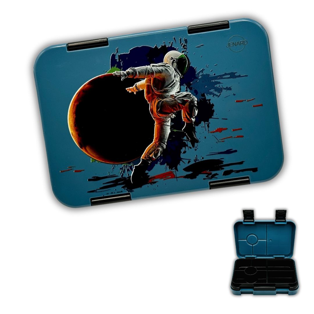 Jenard Brotdose für Kinder mit Fächern. Sehr robuste, flexible und praktische Lunchbox, ideal für die Schule. Coole Bentobox in Blau / Astronaut