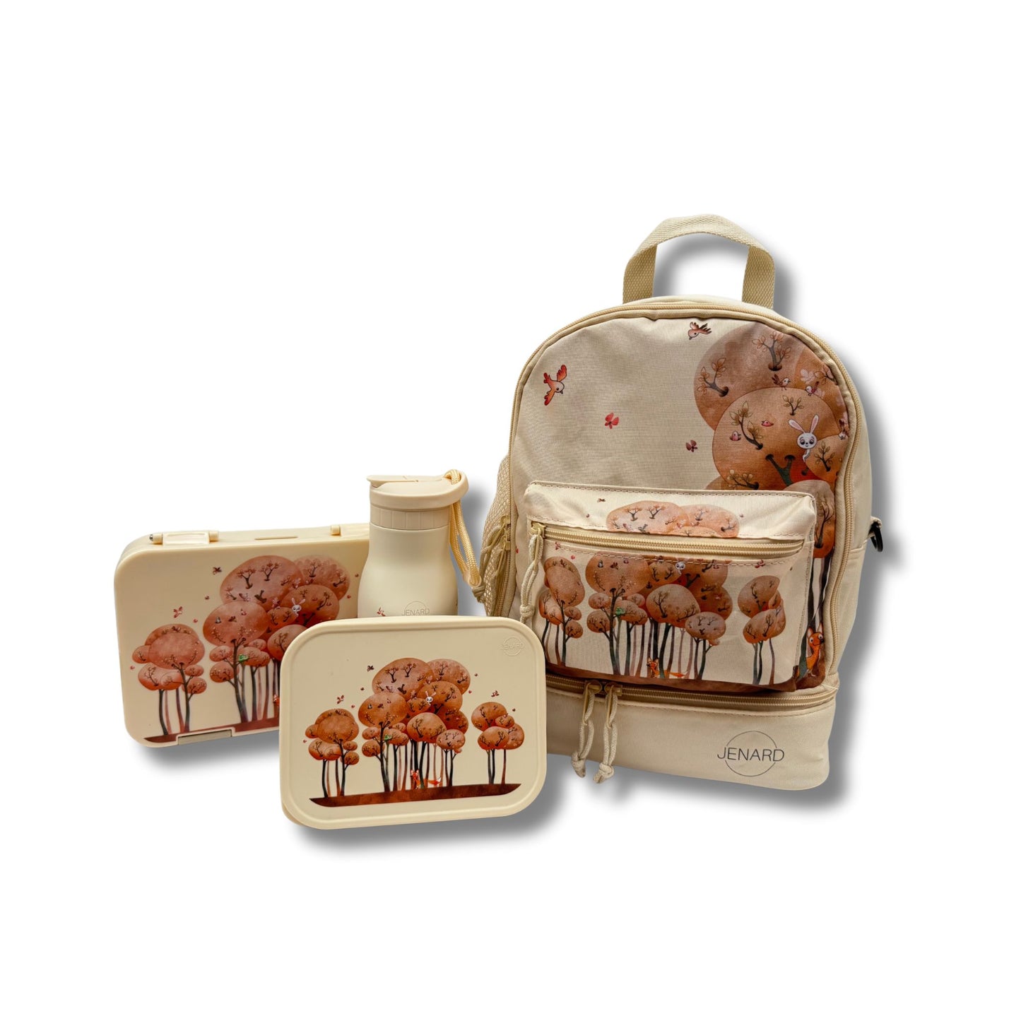 JENARD® Kids 4-Piece Cream Set – Backpack, Water Bottle, Large & Small Lunch Box – Kids Lunch Box Set with Bottle – Forest Animals Design