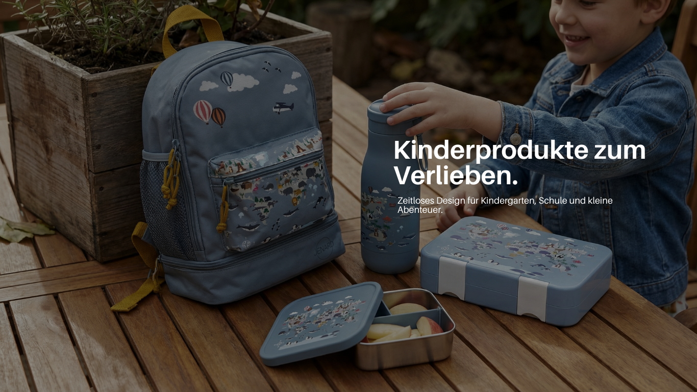 Brotdose & Trinkflasche Set für Kinder – Blau / Weltkarte mit Tiere