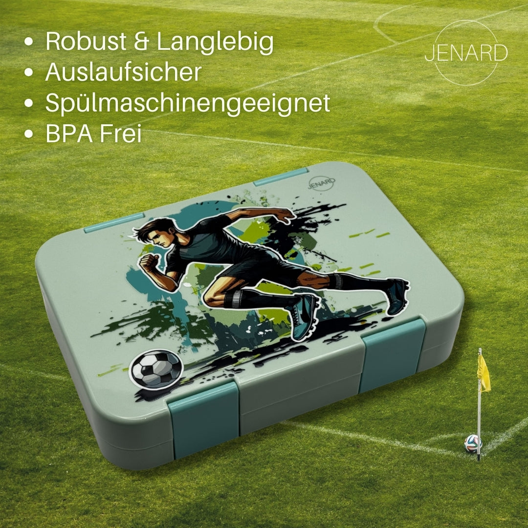 Jenard Brotdose für Kinder mit Fächern. Sehr robuste, flexible und praktische Lunchbox, ideal für die Schule. Coole Bentobox in Mintgrün / Fußballer