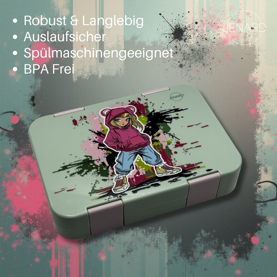 Jenard Brotdose für Kinder mit Fächern. Sehr robuste, flexible und praktische Lunchbox, ideal für die Schule. Coole Bentobox in Mintgrün / Girl