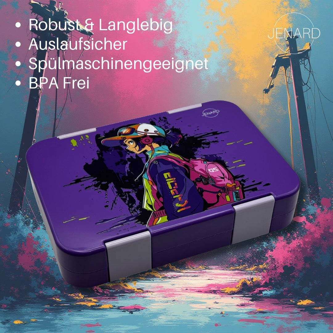 Jenard Brotdose für Kinder mit Fächern. Sehr robuste, flexible und praktische Lunchbox, ideal für die Schule. Coole Bentobox in Lila / Anime