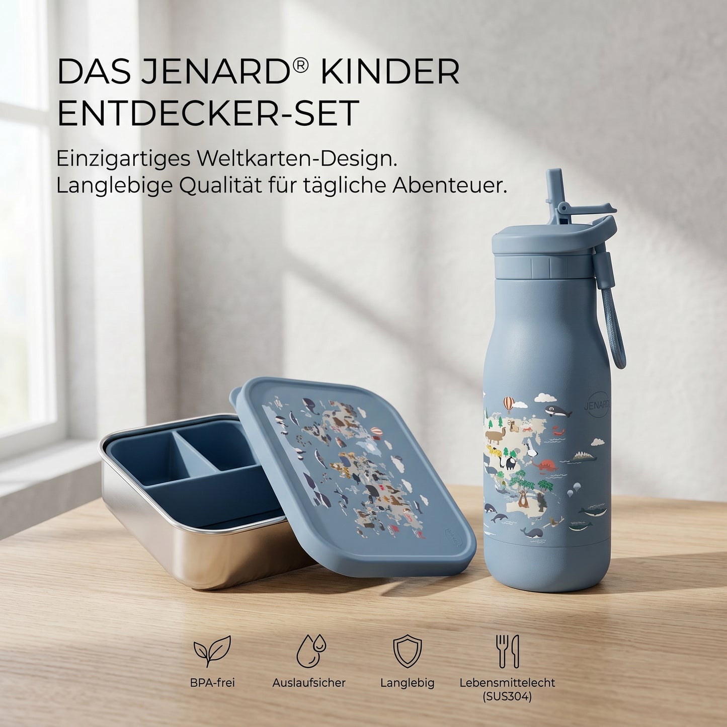 Brotdose & Trinkflasche Set für Kinder – Edelstahl – Weltkarte mit Tiere / Blau