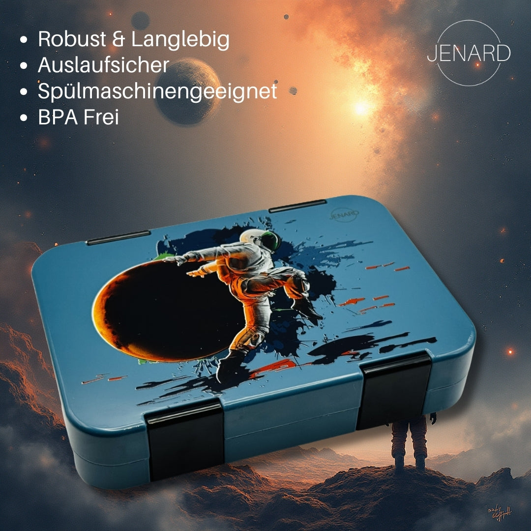 Jenard Brotdose für Kinder mit Fächern. Sehr robuste, flexible und praktische Lunchbox, ideal für die Schule. Coole Bentobox in Blau / Astronaut