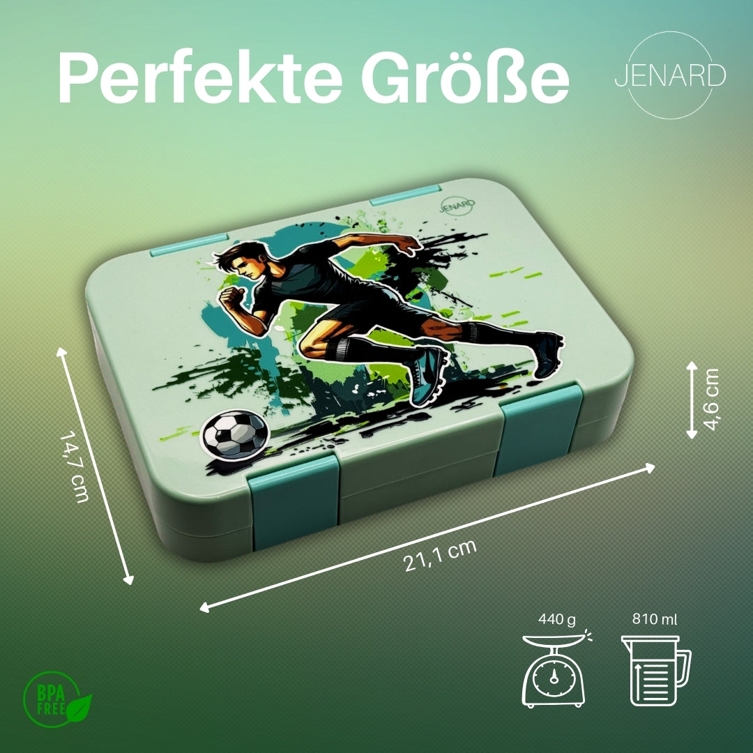 Jenard Brotdose für Kinder mit Fächern. Sehr robuste, flexible und praktische Lunchbox, ideal für die Schule. Coole Bentobox in Mintgrün / Fußballer