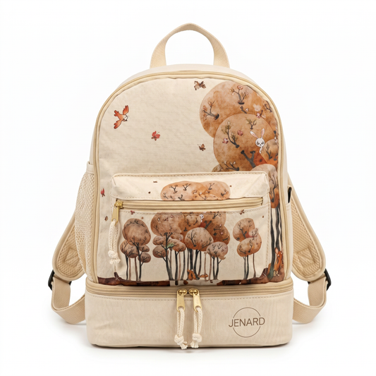 Jenard® Kinderrucksack – Leichter Rucksack für Kindergarten, Schule, Sport & Ausflüge | mit Trinkflaschenfach, Reflektoren | Creme / mit Tiere im Wald