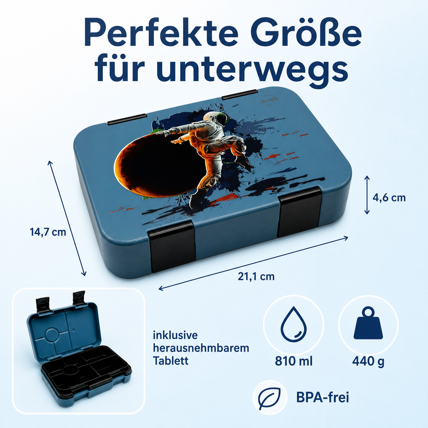 Jenard Lunch Box for Kids with Compartments. Very robust, flexible, and practical lunchbox, ideal for school. Cool Bento Box in Blue / Astronaut