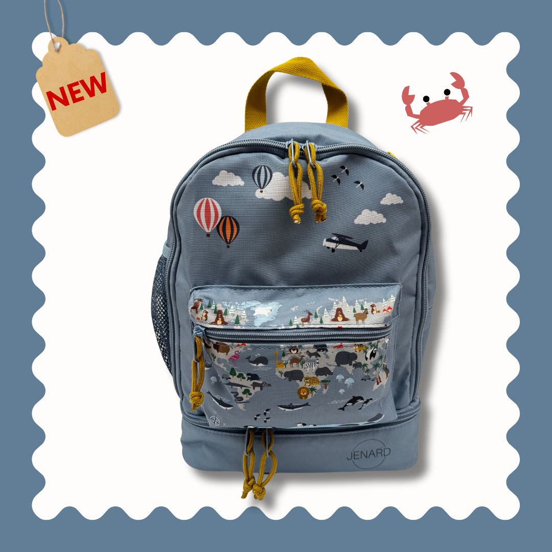 Jenard® Kinderrucksack – Leichter Rucksack für Kindergarten, Schule, Sport & Ausflüge | mit Trinkflaschenfach, Reflektoren | Blau / Weltkarte mit Tiere