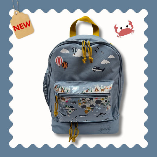 Jenard® Kinderrucksack – Leichter Rucksack für Kindergarten, Schule, Sport & Ausflüge | mit Trinkflaschenfach, Reflektoren | Blau / Weltkarte mit Tiere