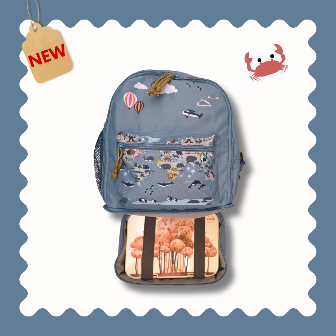 Jenard® Kinderrucksack – Leichter Rucksack für Kindergarten, Schule, Sport & Ausflüge | mit Trinkflaschenfach, Reflektoren | Blau / Weltkarte mit Tiere