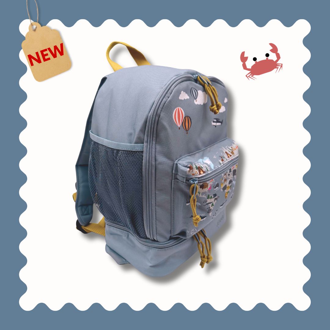 Jenard® Kinderrucksack – Leichter Rucksack für Kindergarten, Schule, Sport & Ausflüge | mit Trinkflaschenfach, Reflektoren | Blau / Weltkarte mit Tiere
