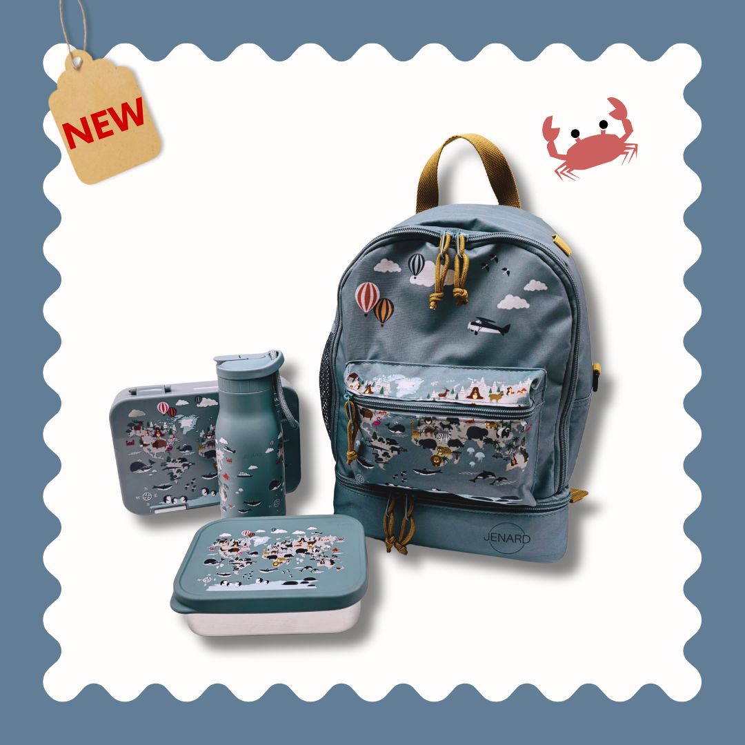 Jenard® Kinderrucksack – Leichter Rucksack für Kindergarten, Schule, Sport & Ausflüge | mit Trinkflaschenfach, Reflektoren | Blau / Weltkarte mit Tiere