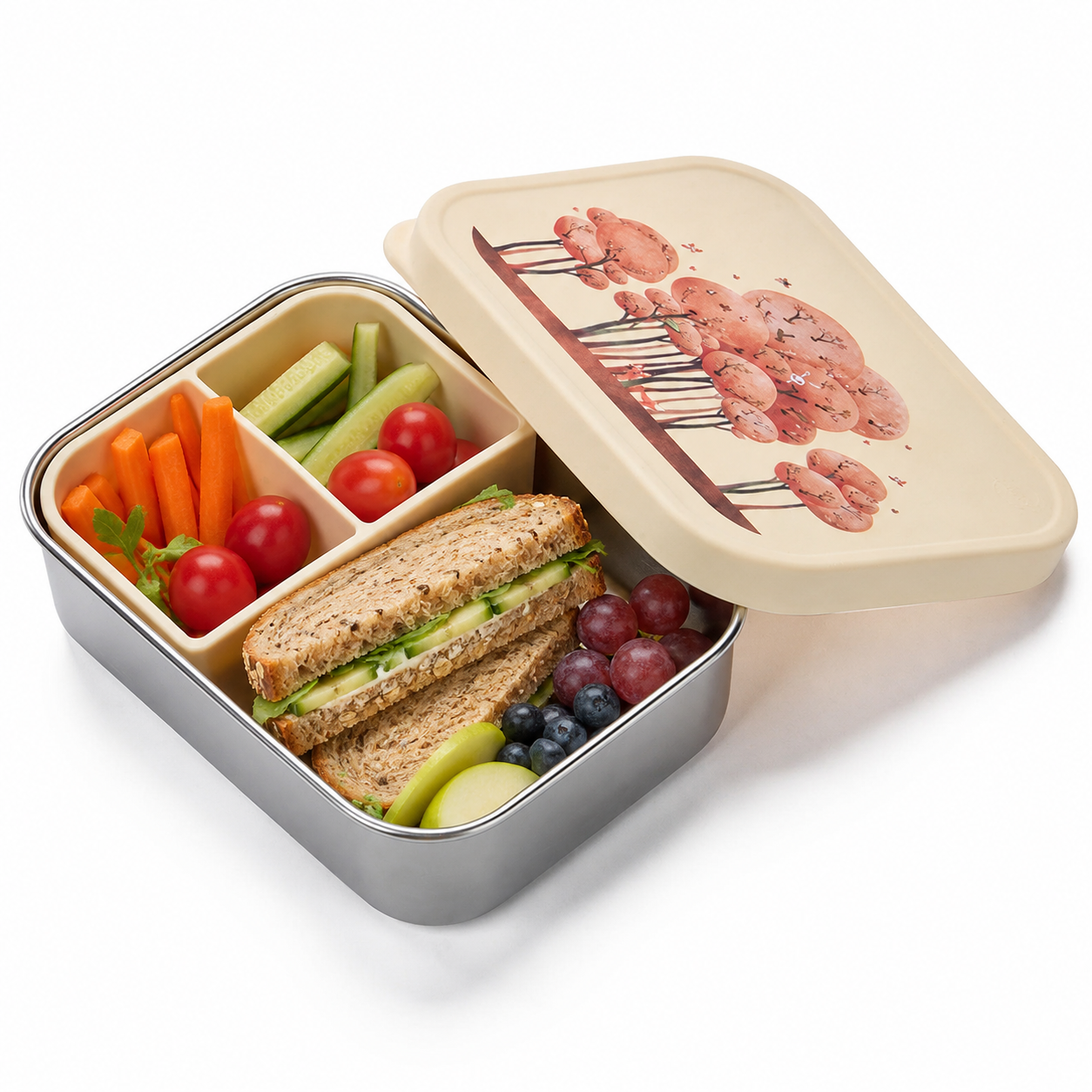 JENARD® Lunch Box for Kids, Stainless Steel with Silicone Lid, incl. Divider - Cream / Forest Animals