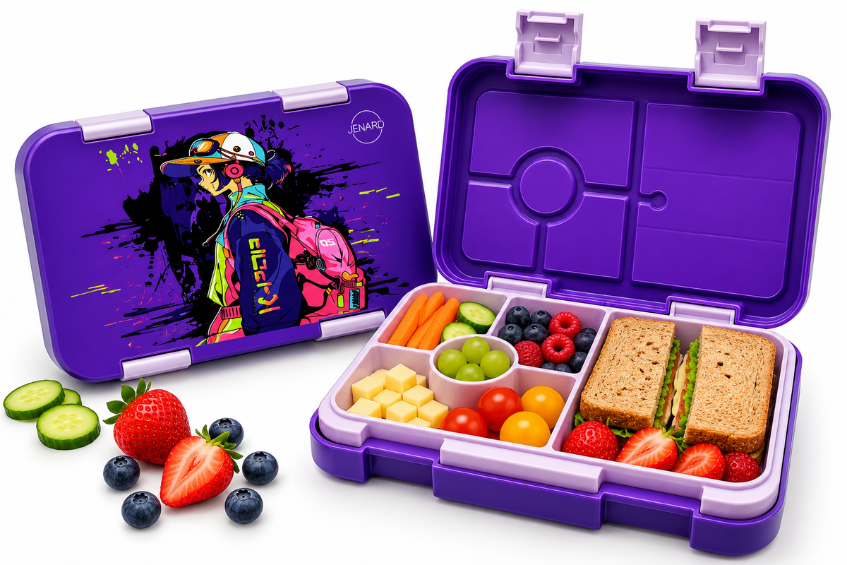 Jenard Lunch Box for Kids with Compartments. Very robust, flexible, and practical lunchbox, ideal for school. Cool Bento Box in Purple / Anime