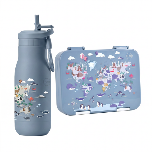 Brotdose & Trinkflasche Set für Kinder – Blau / Weltkarte mit Tiere