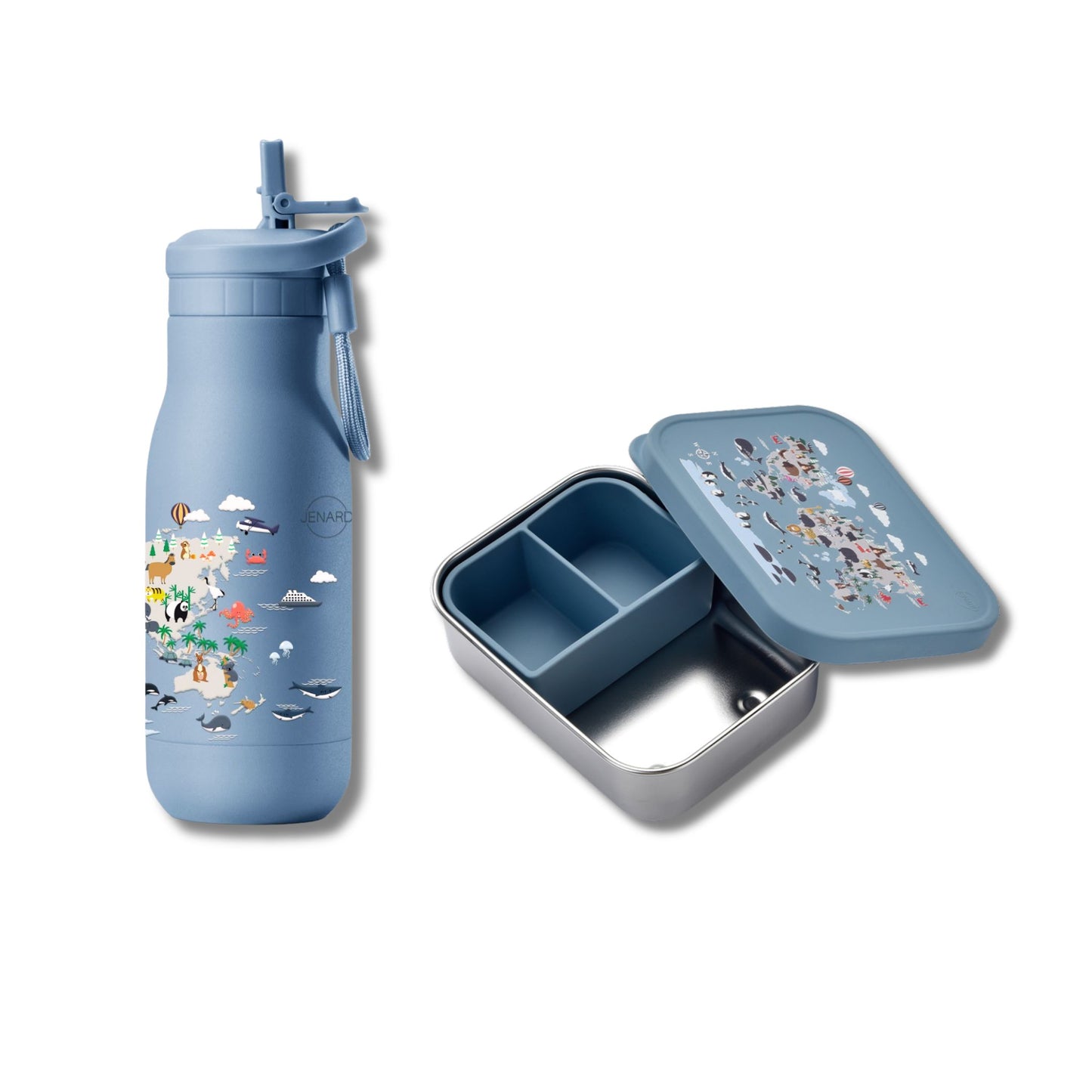 Brotdose & Trinkflasche Set für Kinder – Edelstahl – Weltkarte mit Tiere / Blau