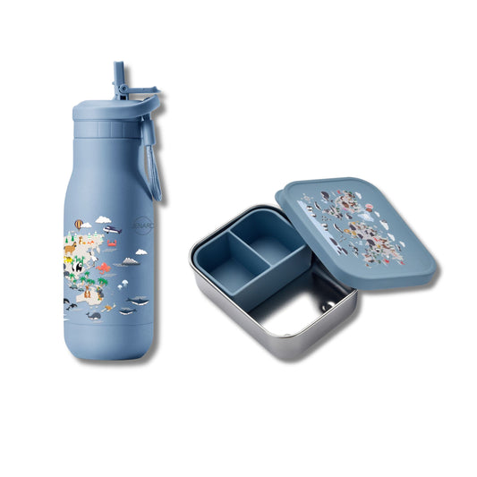 Brotdose & Trinkflasche Set für Kinder – Edelstahl – Weltkarte mit Tiere / Blau