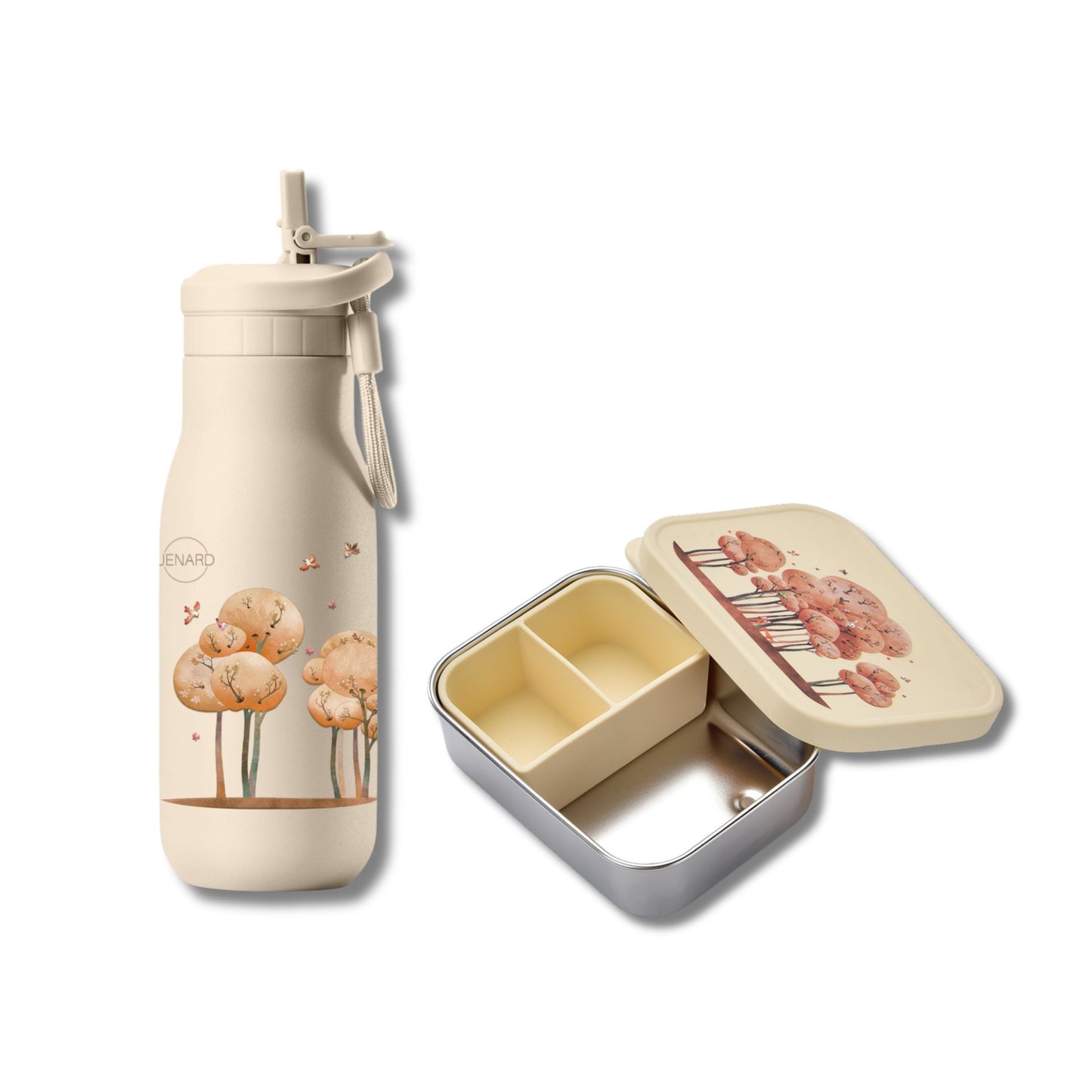 Brotdose & Trinkflasche Set für Kinder – Edelstahl – Tiere im Wald Creme
