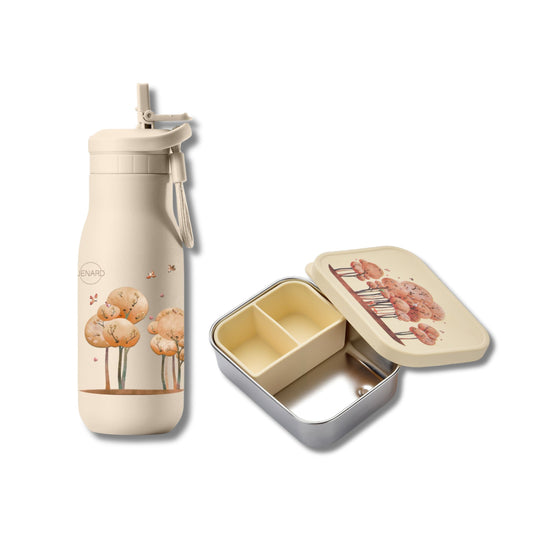Brotdose & Trinkflasche Set für Kinder – Edelstahl – Tiere im Wald Creme