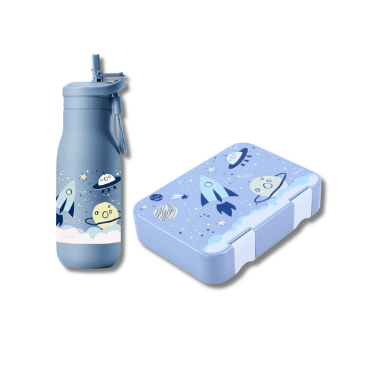 Brotdose & Trinkflasche Set für Kinder – Blau / Space