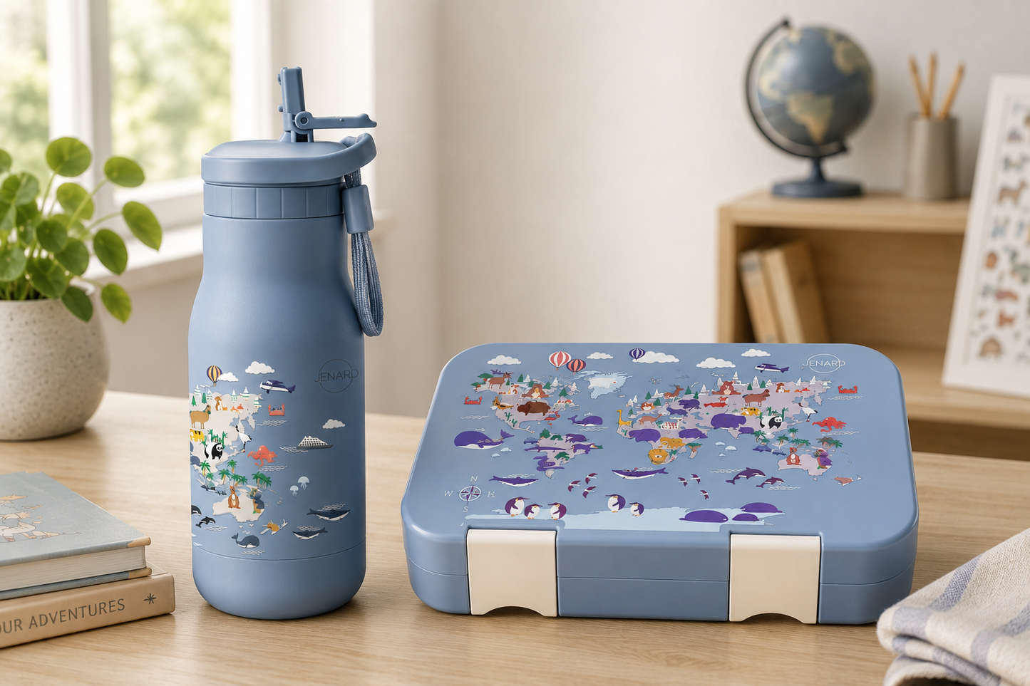 JENARD Brotdose & Trinkflasche Set für Kinder – Blau | Weltkarte