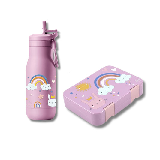 Brotdose & Trinkflasche Set für Kinder – Rosa / Regenbogen