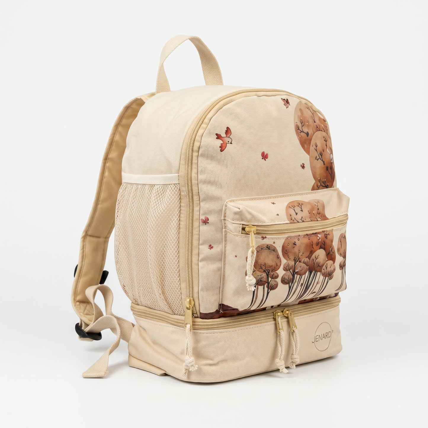 Jenard® Kinderrucksack – Leichter Rucksack für Kindergarten, Schule, Sport & Ausflüge | mit Trinkflaschenfach, Reflektoren | Creme / mit Tiere im Wald