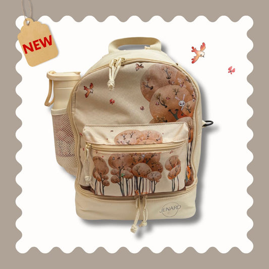 Jenard® Kinderrucksack – Leichter Rucksack für Kindergarten, Schule, Sport & Ausflüge | mit Trinkflaschenfach, Reflektoren | Creme / mit Tiere im Wald