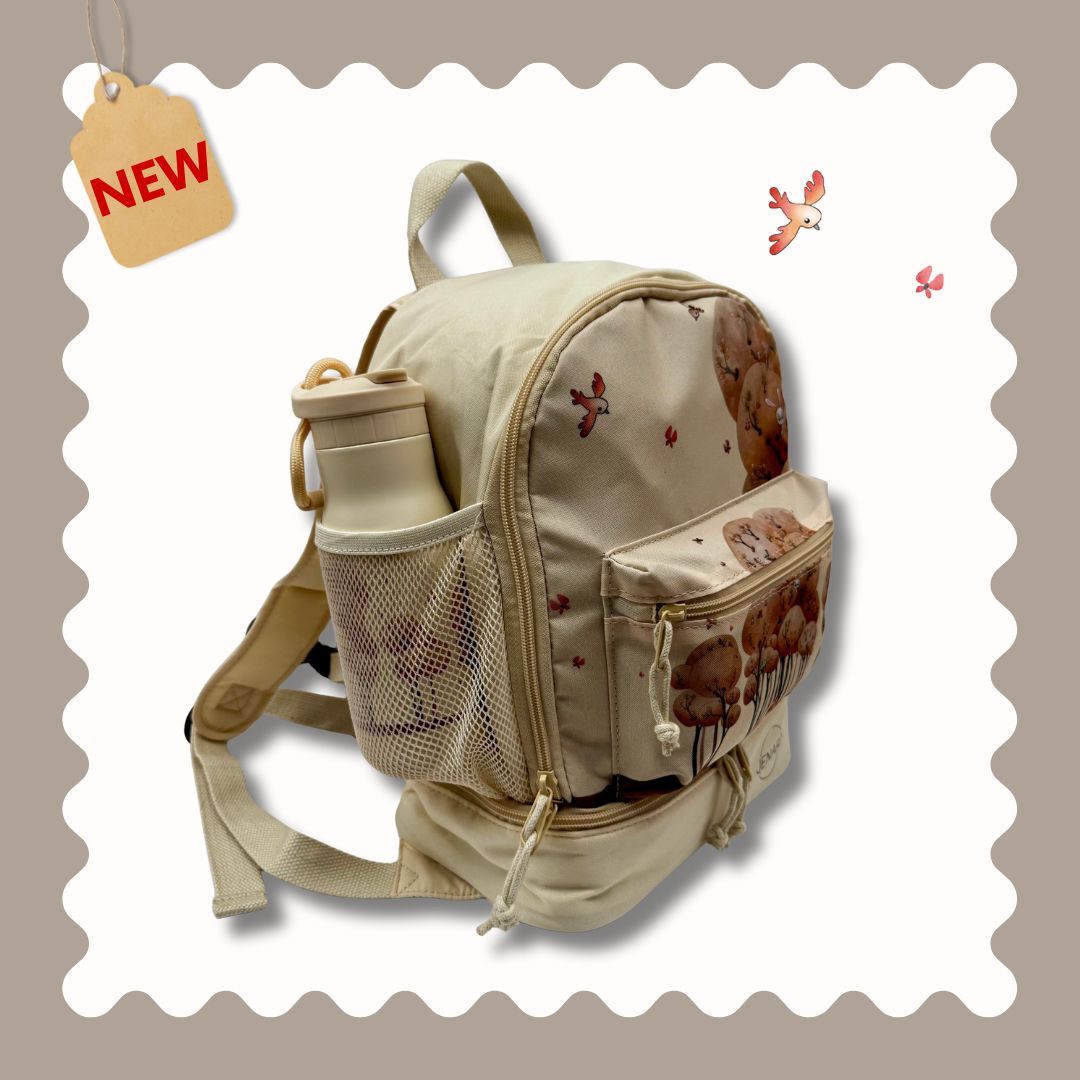 Jenard® Kinderrucksack – Leichter Rucksack für Kindergarten, Schule, Sport & Ausflüge | mit Trinkflaschenfach, Reflektoren | Creme / mit Tiere im Wald