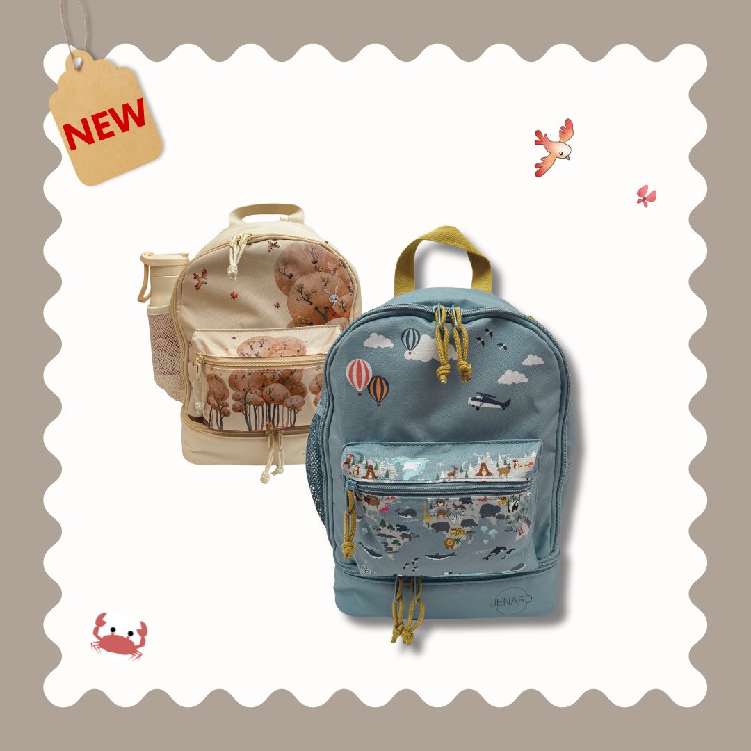 Jenard® Kinderrucksack – Leichter Rucksack für Kindergarten, Schule, Sport & Ausflüge | mit Trinkflaschenfach, Reflektoren | Creme / mit Tiere im Wald