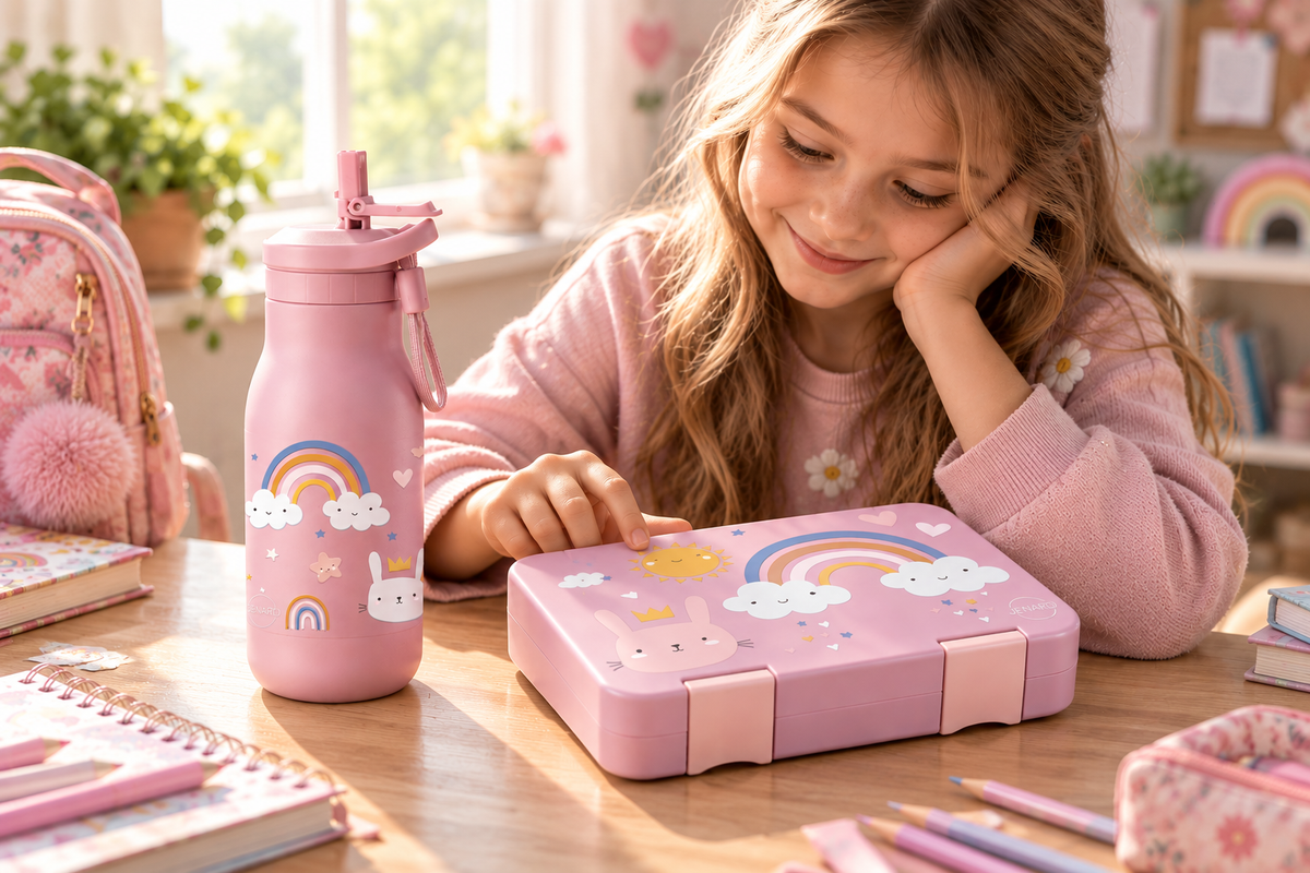 JENARD Brotdose & Trinkflasche Set für Kinder – Rosa | Regenbogen